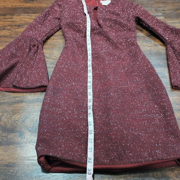 JVN Homecoming Prom Retro 70's Glam Y2K Bell Sleeve Glitter Dress Burgundy XS - Picture 11 of 14